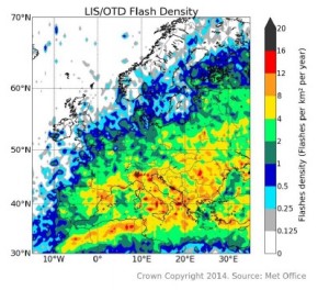 Lightning density in Europe differs significantly from region to region. 