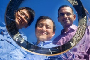 Stanford School of  engineering graduate students Linxiano Zhu, Shanhui Fan, a Professor of Electrical Engineering  and grad student Aaswath Raman on Friday, October 10, 2014.  ( Norbert von der Groeben )