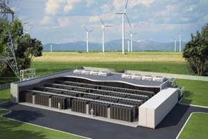 Grid-scale electrochemical energy storage facility charging up on unused electricity from a windfarm