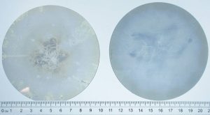 Comparison of Crystal IS 100mm bulk aluminum nitride substrate of CY24 Q1 (left) with 90% usable area and CY24 Q2 (right) with 99.3% usable area