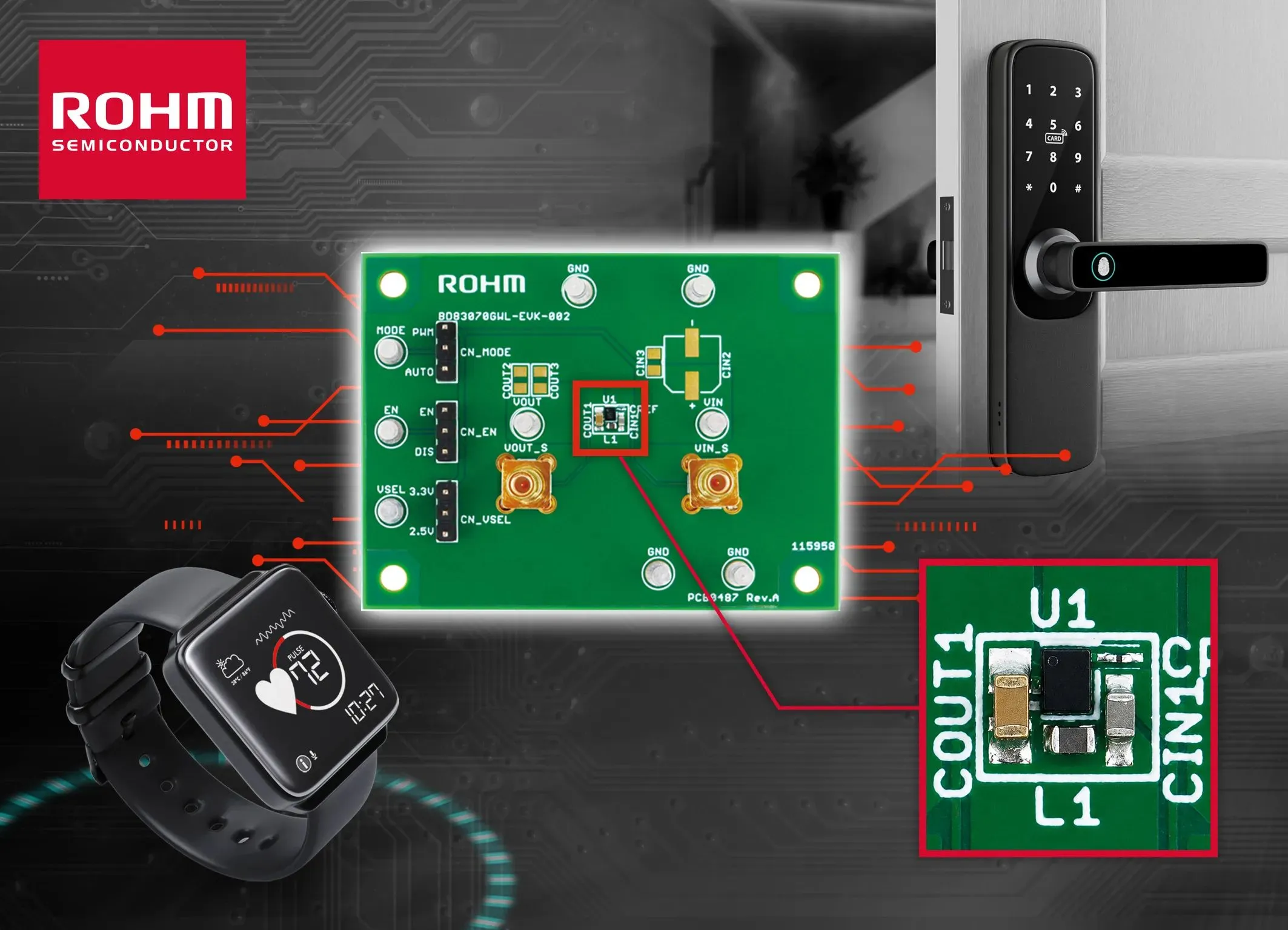Rohm ra mắt bo đánh giá cho bộ chuyển đổi DC-DC BD83070GWL hiệu quả 97%